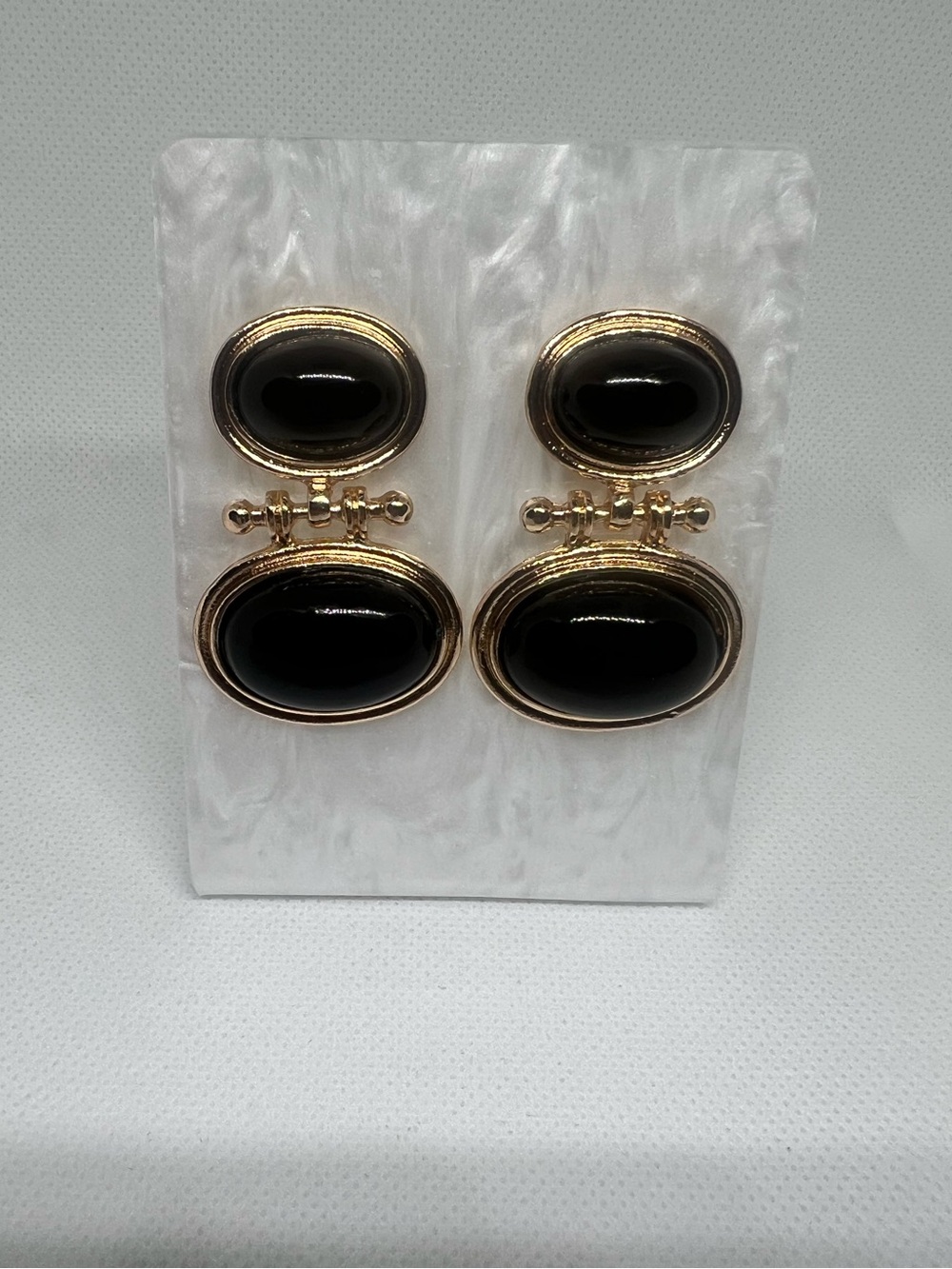 Vintage Black Cabochon & Gold Tone Statement Costume Earrings